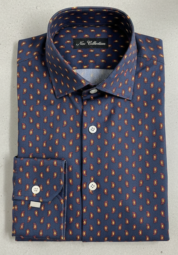 Camicia uomo morbido setoso tessuto blu micro fantasia disegno giallo 100% cotone Made in Italy