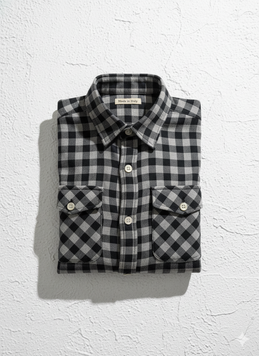 Camicia a quadri grigio nero doppie tasche e pattine puro cotone Made in Italy