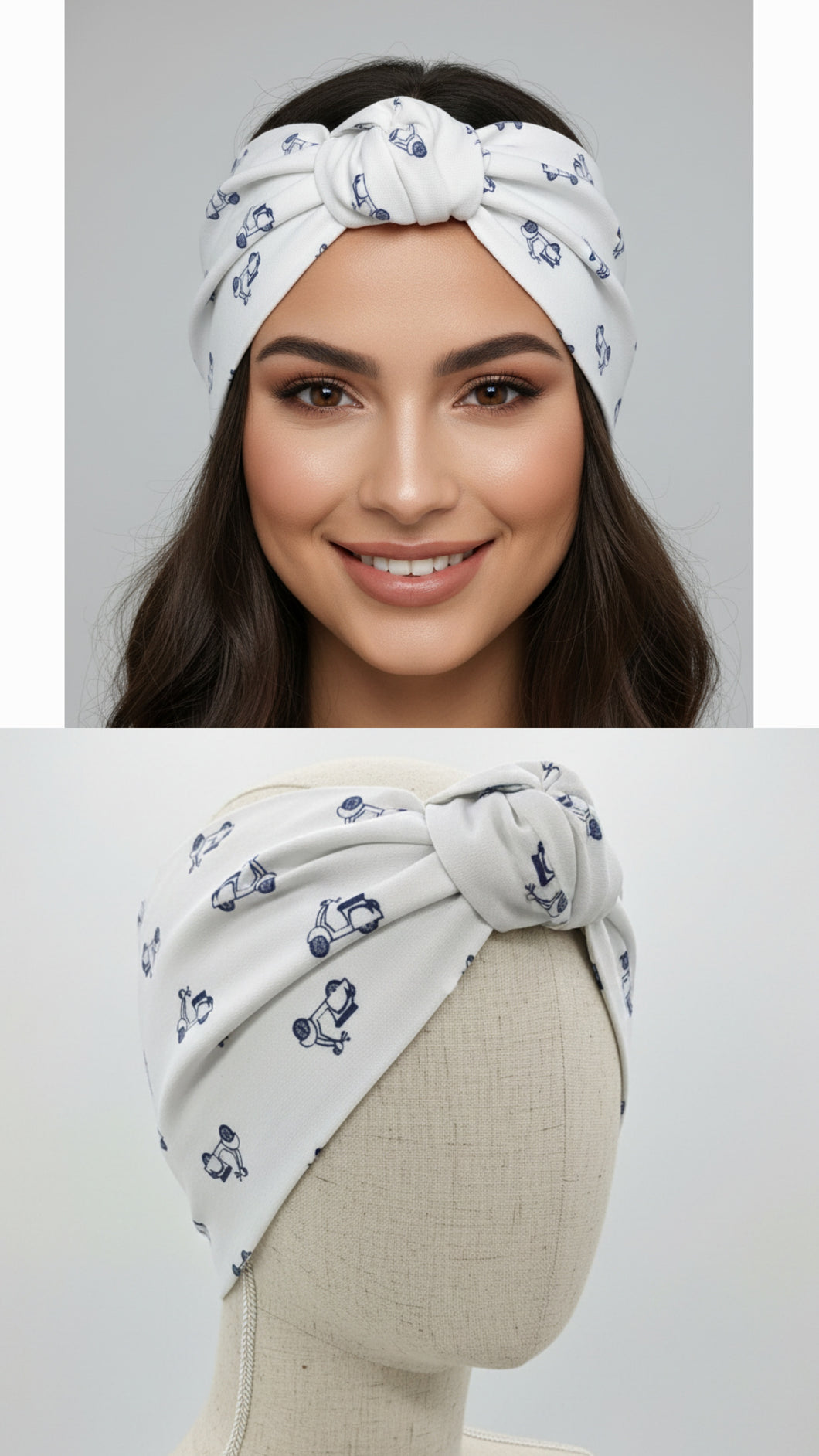 Fascia per Capelli anallergica turbante in cotone fantasia Vespa blu Fascia Capelli Made in Italy Hairband headband