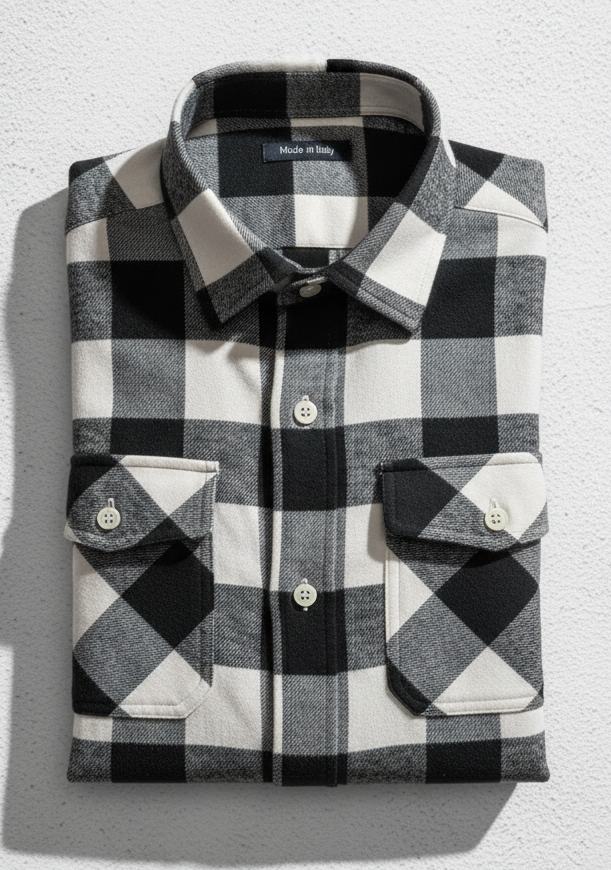 Camicia scozzese flanella quadri bianco nero  doppie tasche e pattine puro cotone Made in Italy
