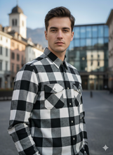 Carica l&#39;immagine nel visualizzatore di Gallery, Camicia scozzese flanella quadri bianco nero  doppie tasche e pattine puro cotone Made in Italy
