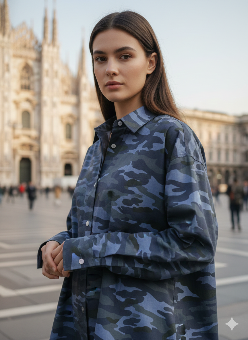 Camicia Donna Casual Camouflage mimetico Camicione Casual puro Cotone  Made in Italy