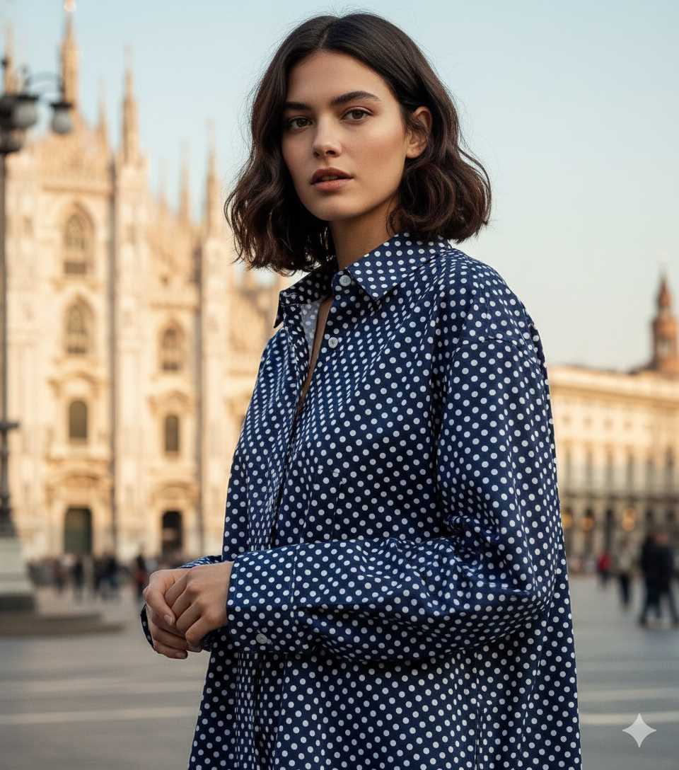 Camicia Donna blu a pois pallini bianchi  Casual Camicione puro Cotone Made in Italy