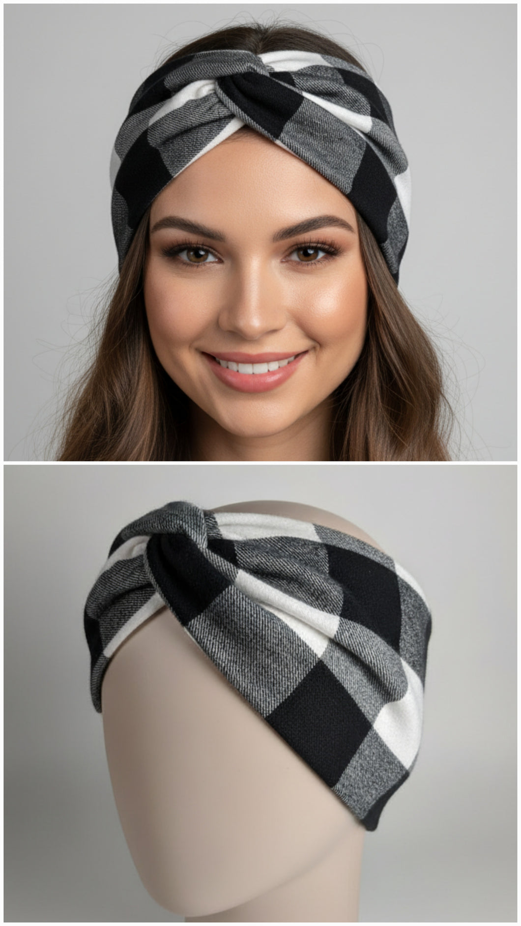 Turbante in Cotone scozzese bianco nero a scacchi Made in Italy Fascia Capelli Hairband headband