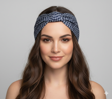 Carica l&#39;immagine nel visualizzatore di Gallery, Turbante blu cotone micro fantasia Made in Italy Fascia Capelli Hairband headband
