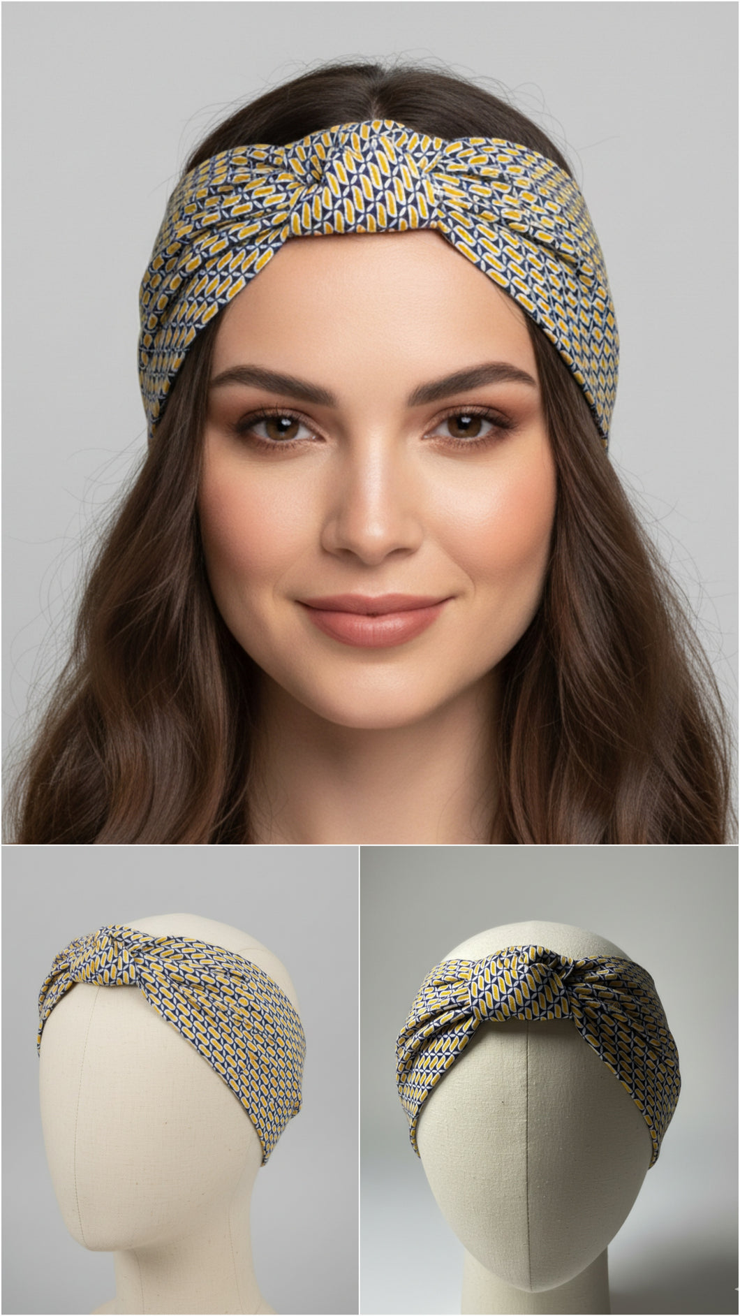 Turbante in cotone fantasia giallo blu Made in Italy Fascia Capelli Hairband headband