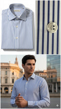 Carica l&#39;immagine nel visualizzatore di Gallery, Camicia Uomo a righe azzurra rigato popeline titolo 120 alta qualità elegante puro cotone colletto mezzo francese oxford  Made in Italy
