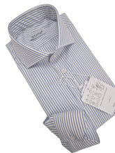 Load image into Gallery viewer, Camicia Rigato bacchettino azzurro alta qualità titolo 100 righino azzurro blu puro cotone Made in Italy
