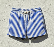 Carica l'immagine nel visualizzatore di Gallery, Bermuda Pantaloncino fantasia 100% Cotone Lino rigato azzurro Made in Italy Fantasia Shorts 2 tasche laterali
