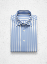 Carica l&#39;immagine nel visualizzatore di Gallery, Camicia Uomo Fasciato azzurro tessuto alta qualità puro cotone titolo 120 twill  Made in Italy
