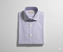 Carica l&#39;immagine nel visualizzatore di Gallery, Camicia Uomo a righe lilla rigato popeline titolo 120 alta qualità elegante puro cotone colletto mezzo francese oxford  Made in Italy
