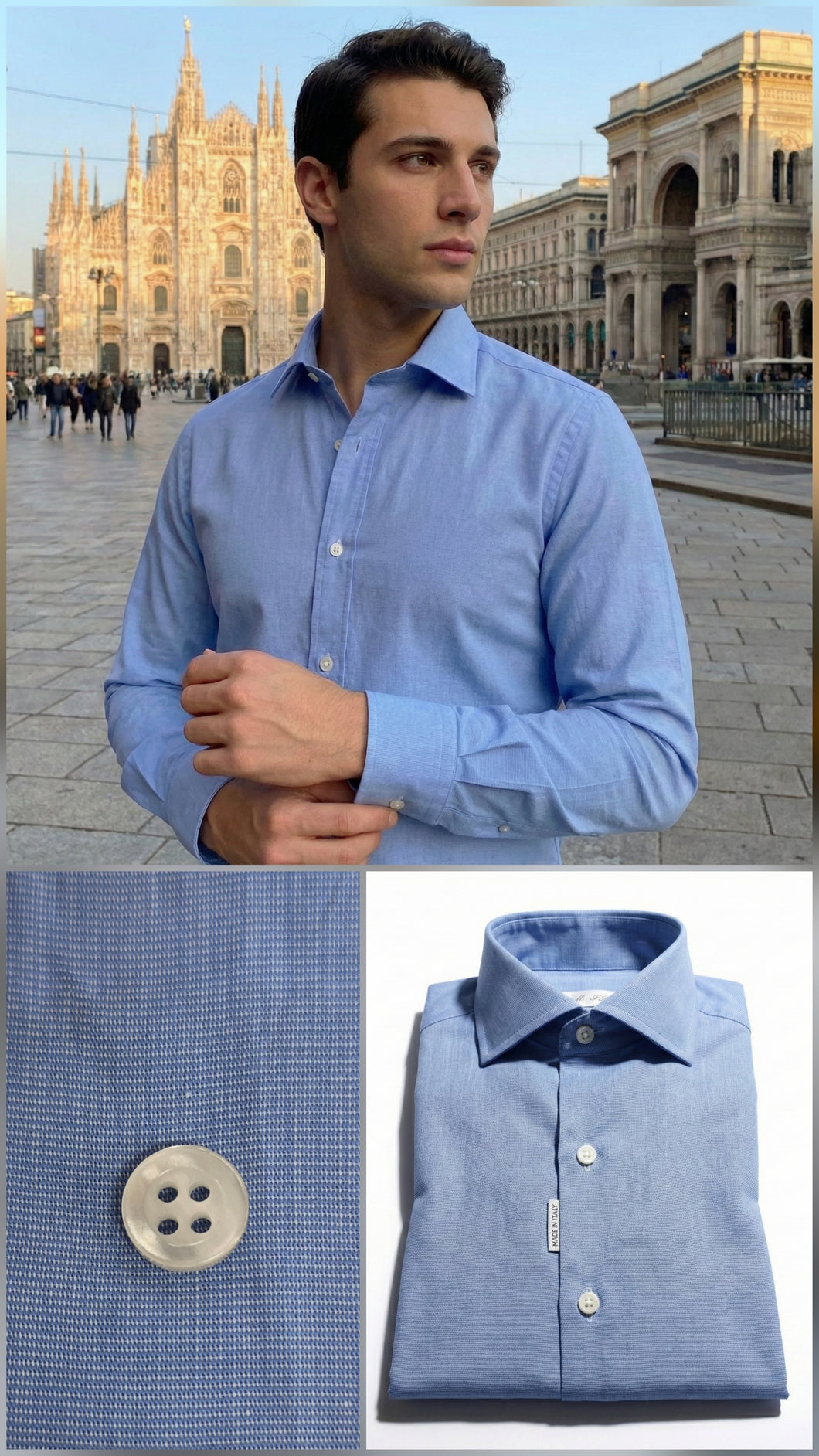 Camicia azzurra fil a fil azzurro popeline 100%cotone colletto mezzo francese Made in Italy