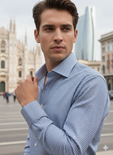Carica l&#39;immagine nel visualizzatore di Gallery, Camicia Uomo Azzurra pied de puole azzurro tessuto lavorato alta qualità puro cotone operato oxford  Made in Italy

