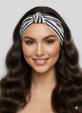 Carica l&#39;immagine nel visualizzatore di Gallery, Turbante Rigato blu motoscafo fantasia cotone Fascia Capelli Made in Italy Hairband headband
