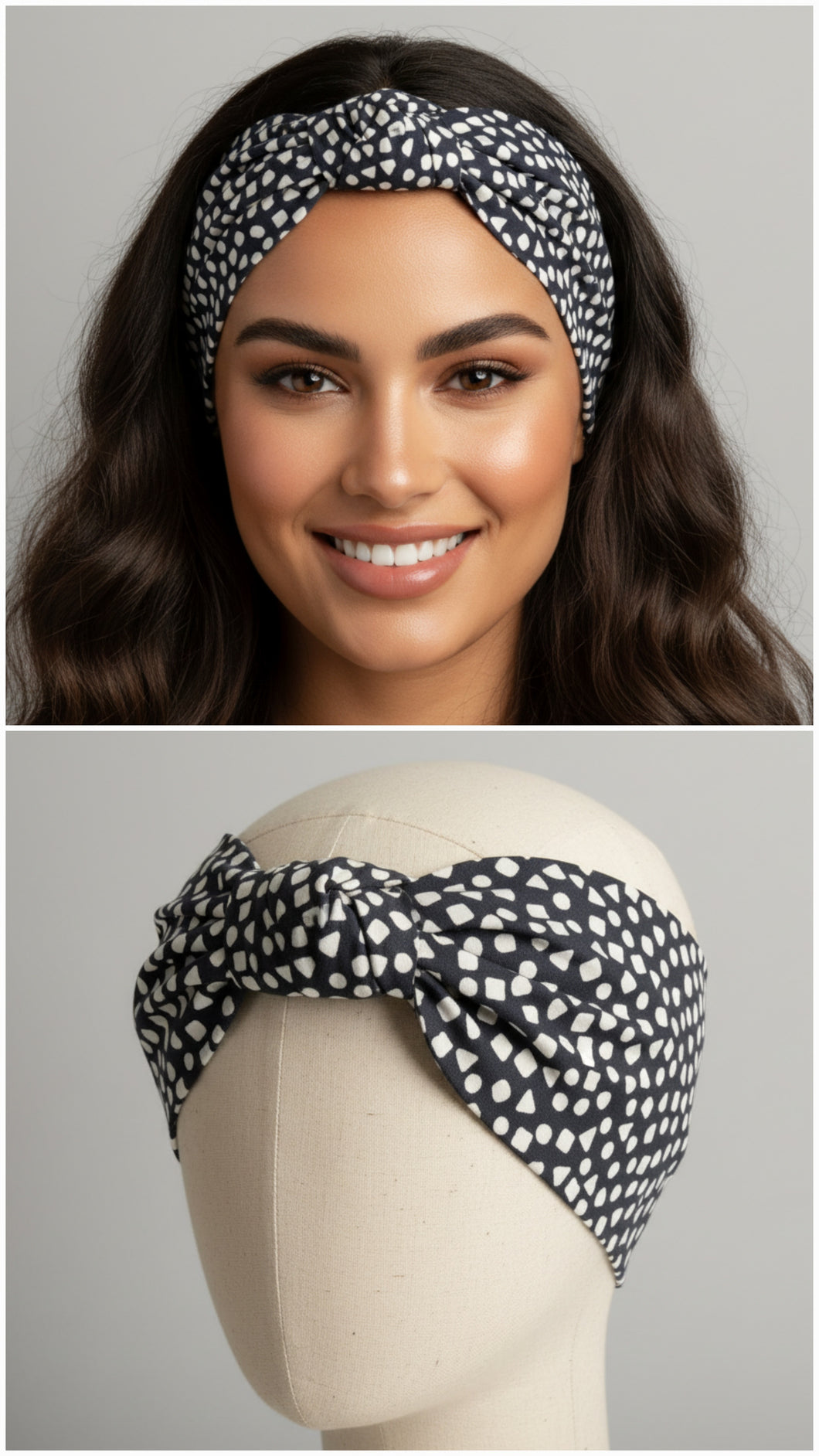 Turbante Nero in fantasia geometrica cotone Fascia Capelli Made in Italy Hairband headband