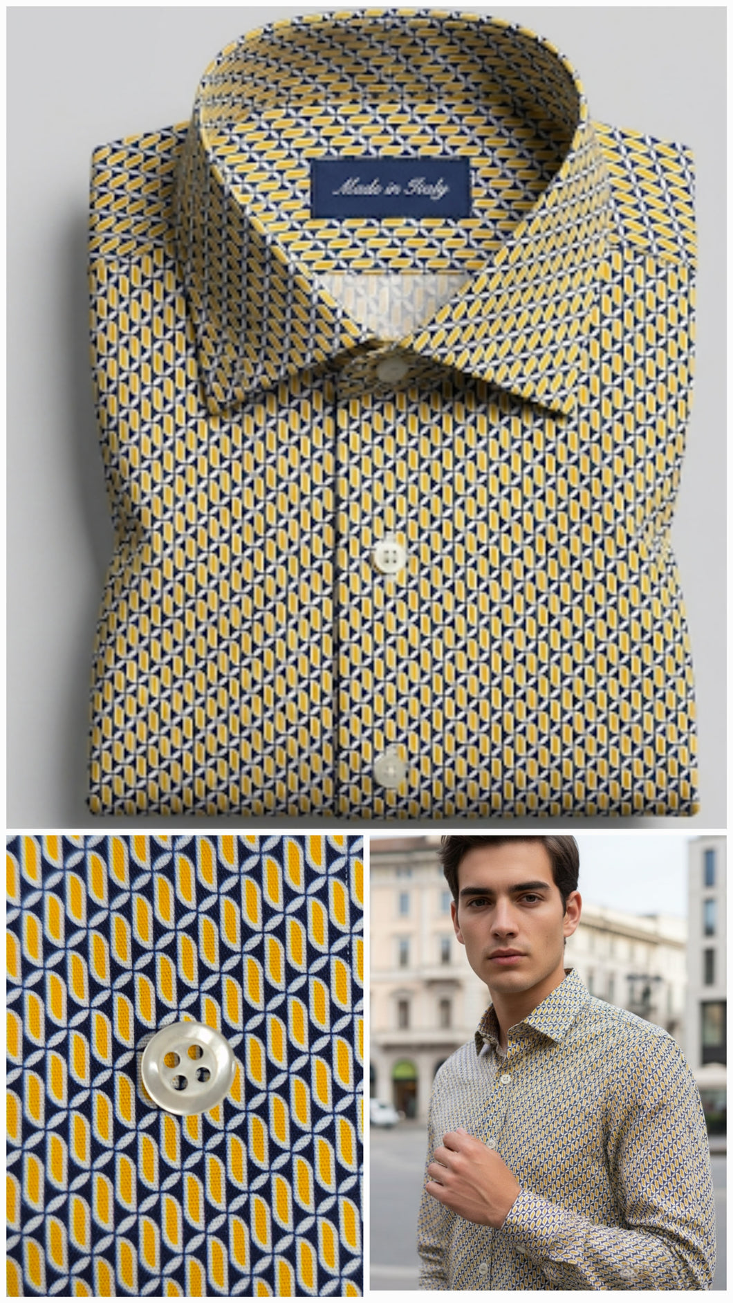 Camicia Uomo fantasia giallo blu stampata puro cotone popeline 100% Made in Italy