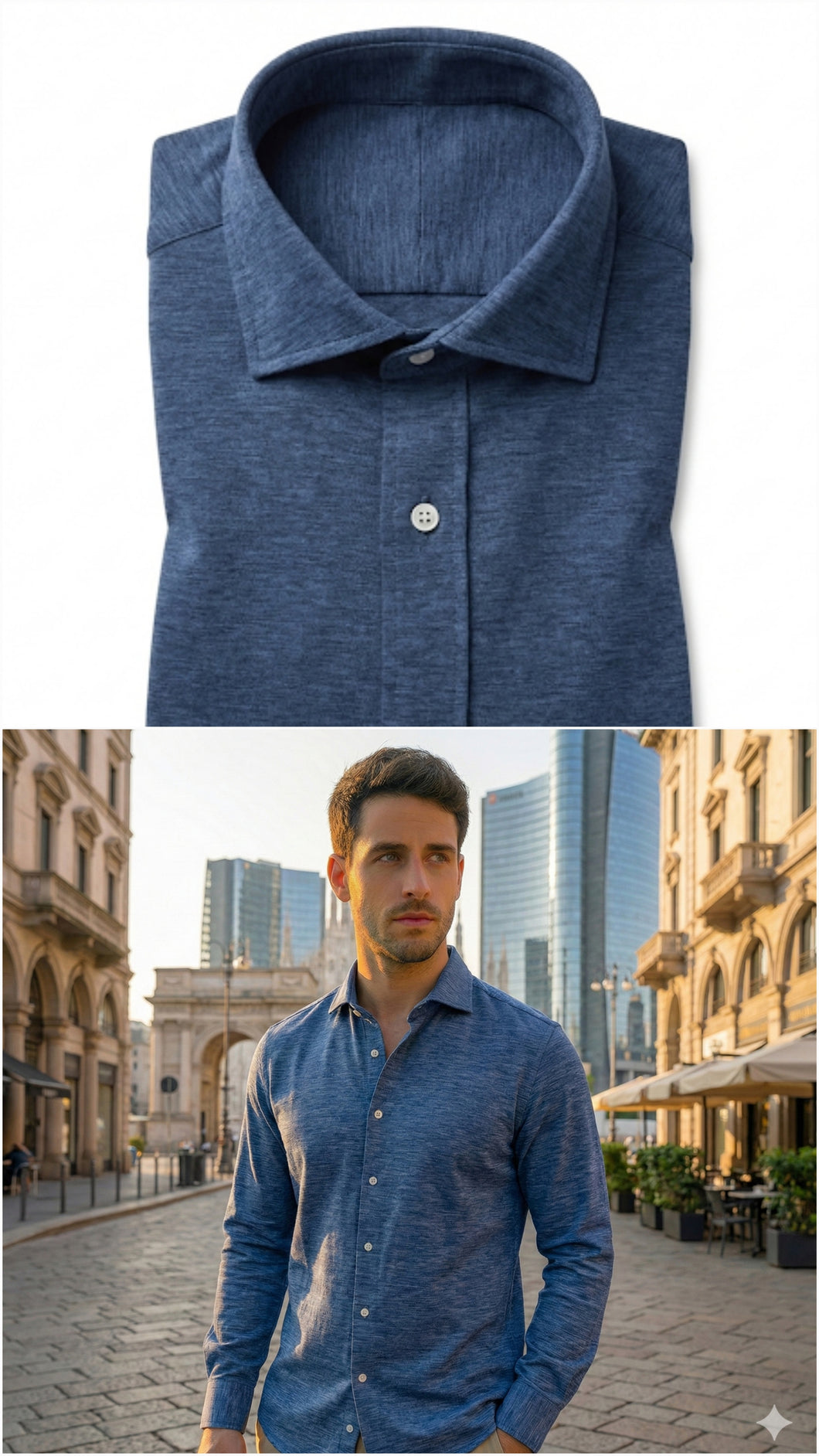 Camicia Polo blu in maglia jersey no Stiro, fresco filato traspirante in tessuto tecnico performance anallergico anti alone alta qualità colletto morbido Made in Italy