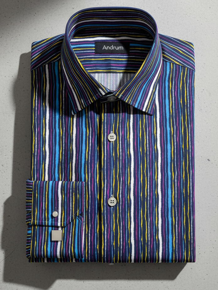 Camicia Fantasia blu Rigata stampa multicolor Made in Italy