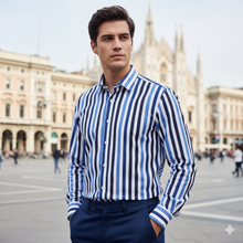 Load image into Gallery viewer, Camicia a righe azzurre e blu 100% cotone Made in Italy
