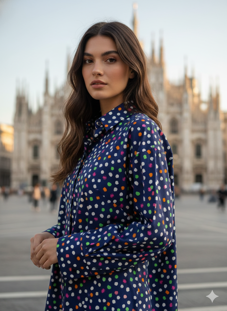 Camicia Donna Casual blu a pois multicolor Camicione puro Cotone Made in Italy