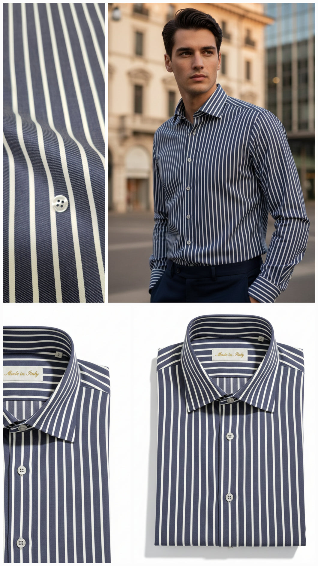 Camicia Uomo Fasciata blu rigato bianco su fondo blu twill titolo 120 alta qualità elegante puro cotone colletto mezzo francese oxford  Made in Italy