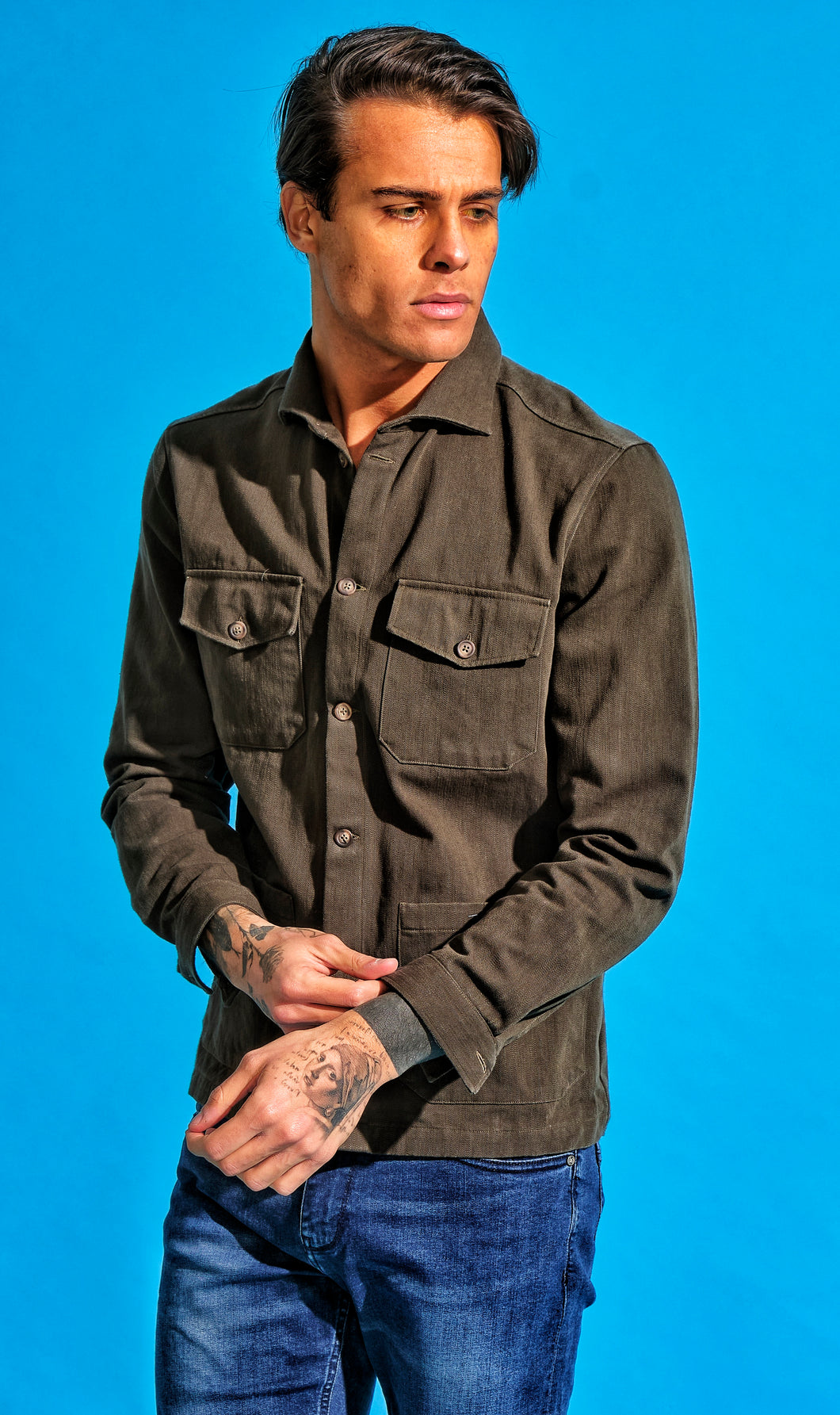 Giacca Overshirt Sahariana Overshirt Safari kaki brown militare  4 tasche gabardina 100% cotone Made in italy