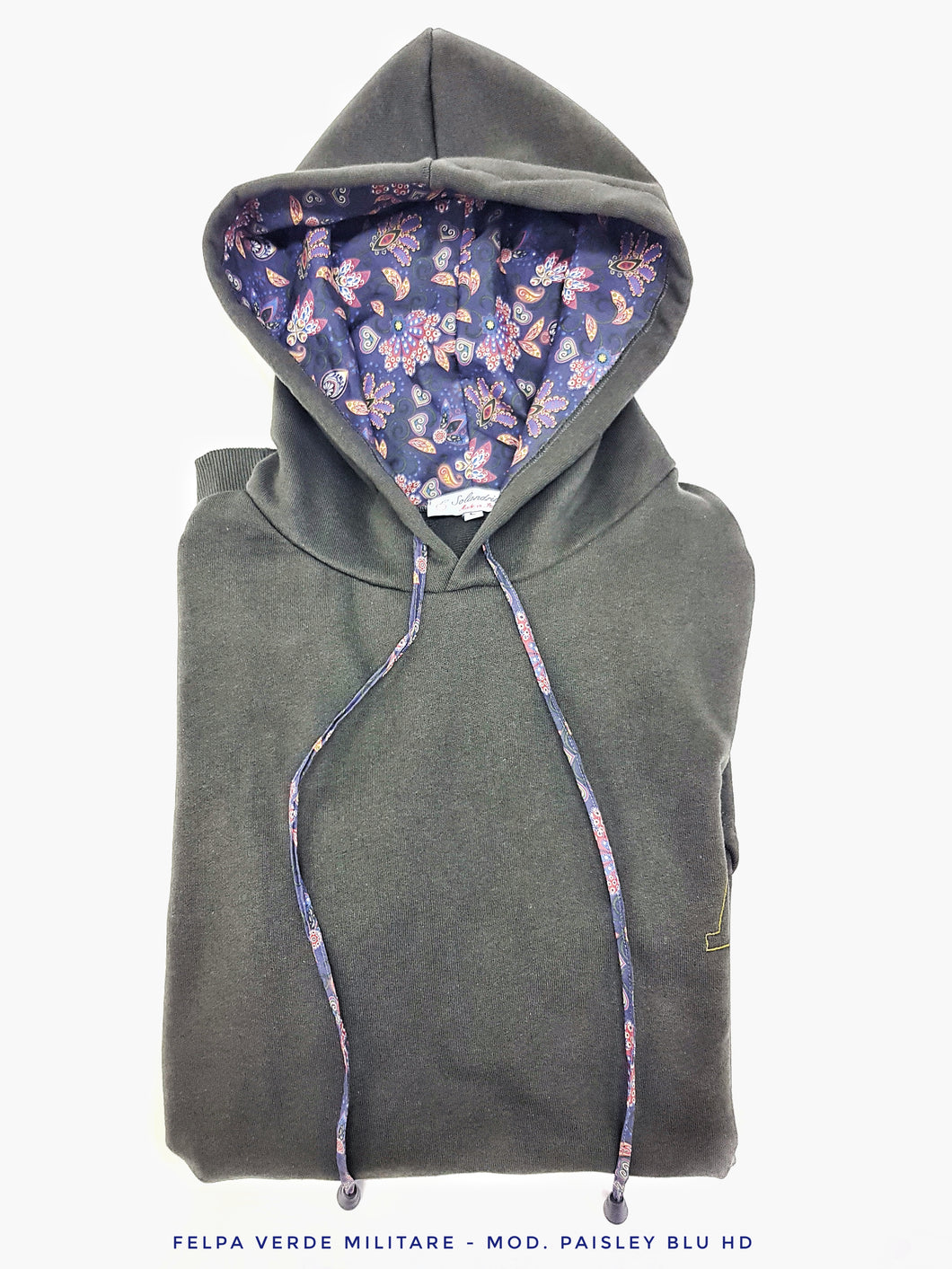 Felpa Verdone Militare con Cappuccio Design Paisley made in Italy Fantasia 100% cotone - Unisex Sweatshirt Dark Green Hoodie