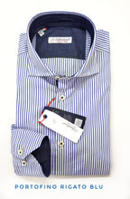 Carica l&#39;immagine nel visualizzatore di Gallery, Camicia rigata puro cotone bianco blu con inserti in denim blu
