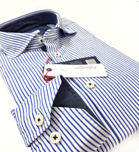 Carica l&#39;immagine nel visualizzatore di Gallery, Camicia rigata puro cotone bianco blu con inserti in denim blu
