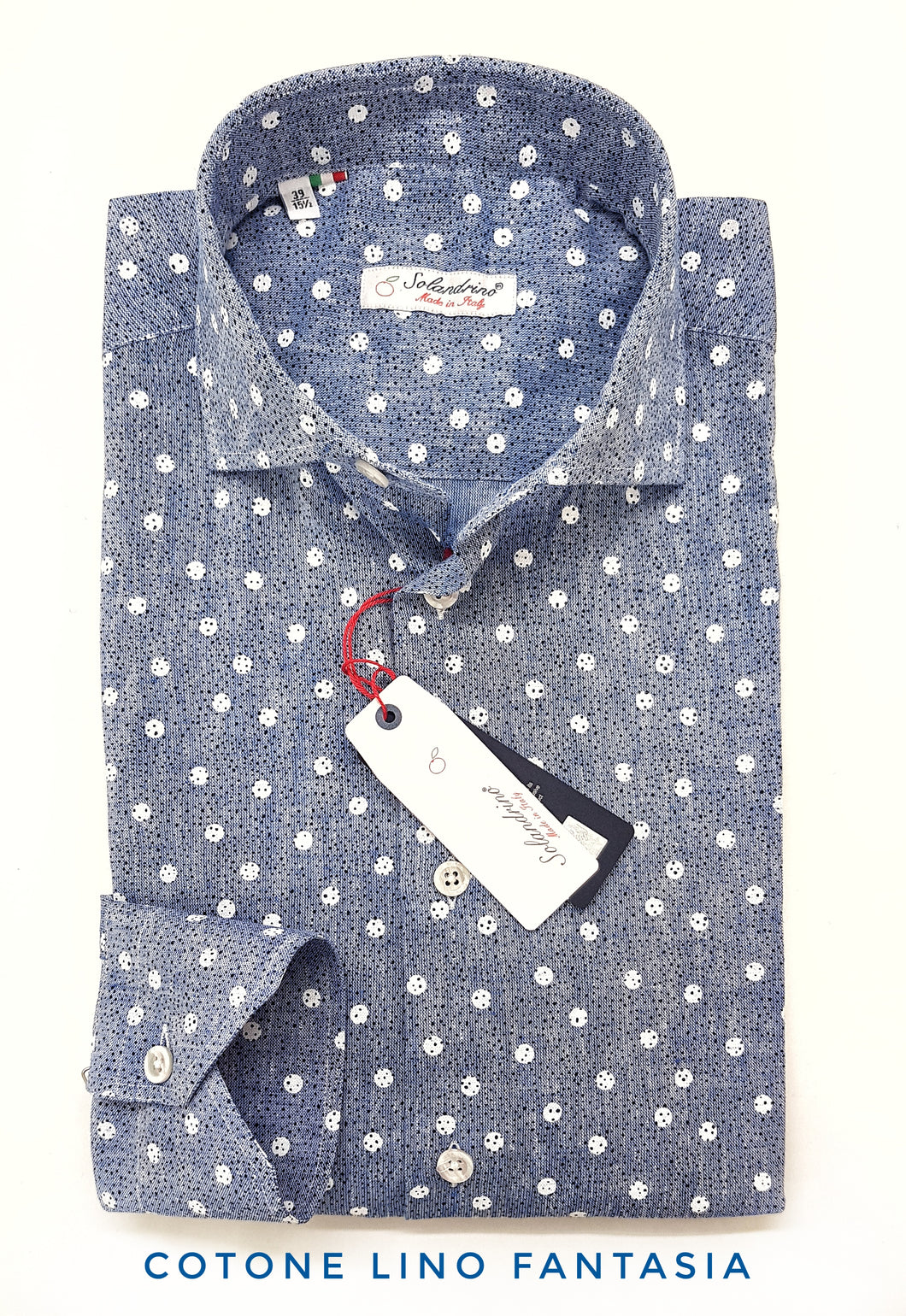 Camicia cotone lino azzurro fantasia pois made in italy