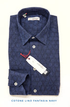 Carica l&#39;immagine nel visualizzatore di Gallery, Camicia Uomo Cotone lino blu fantasia navy made in Italy
