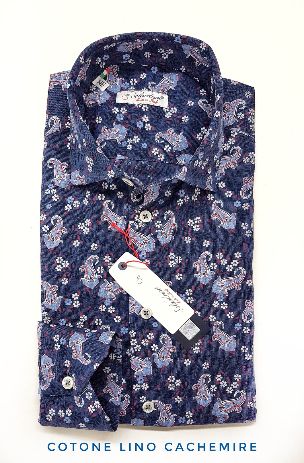 Camicia cotone lino fantasia cachemire blu made in italy