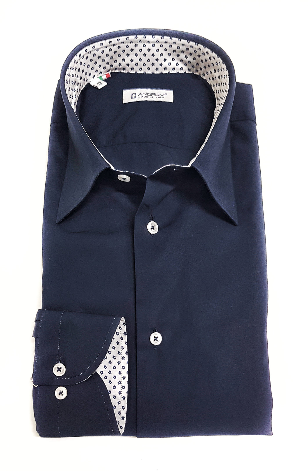 Camicia blu popeline con inserti fantasia floreale cotone made in italy