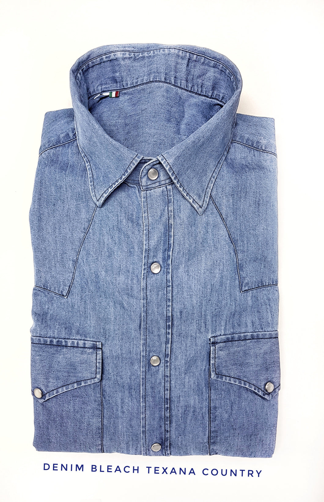 Camicia DENIM BLEACH texanina Country con doppia tasca- pattine - bottone automatico - lavata - AZZURRO CHIARO jeans inserti fantasia  puro cotone made in italy