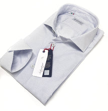 Load image into Gallery viewer, Camicia micro fantasia blu pois punta spillo puro cotone popeline made in italy
