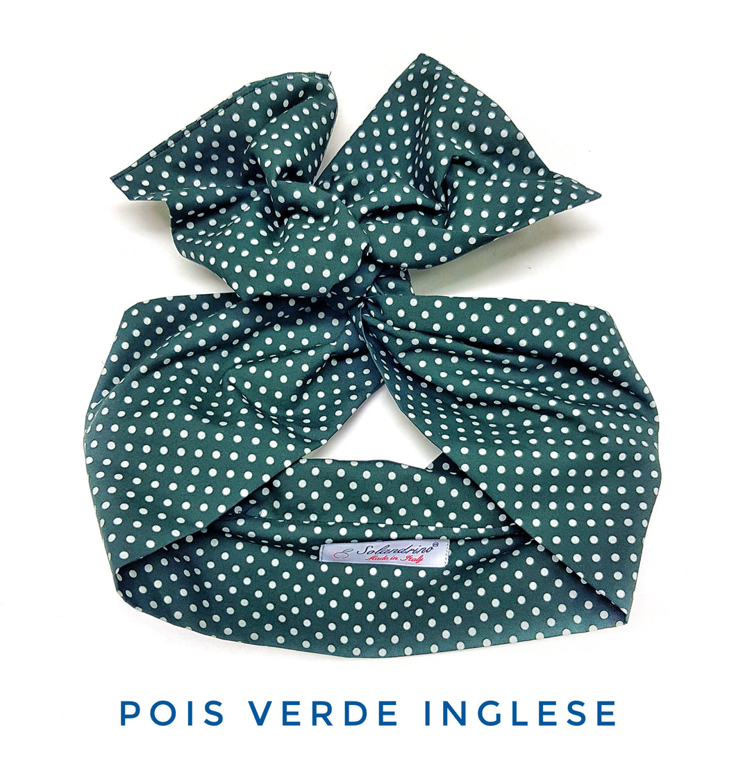 Turbante verdone fantasia pois verde inglese Fashion fascia capelli in cotone design pois dark green hairband Made in Italy