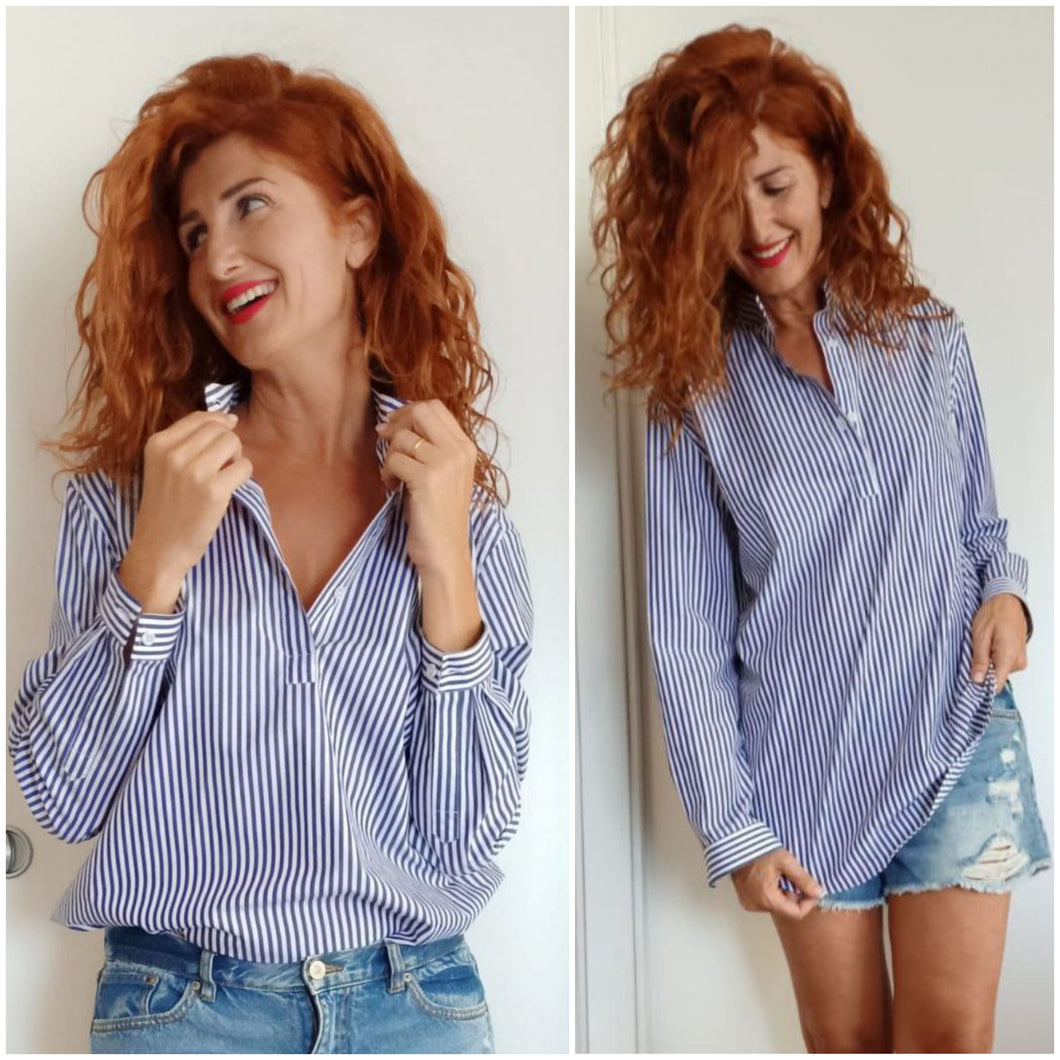 Camicia Donna chiusa a polo rigata blu puro cotone made in italy woman stripe shirt