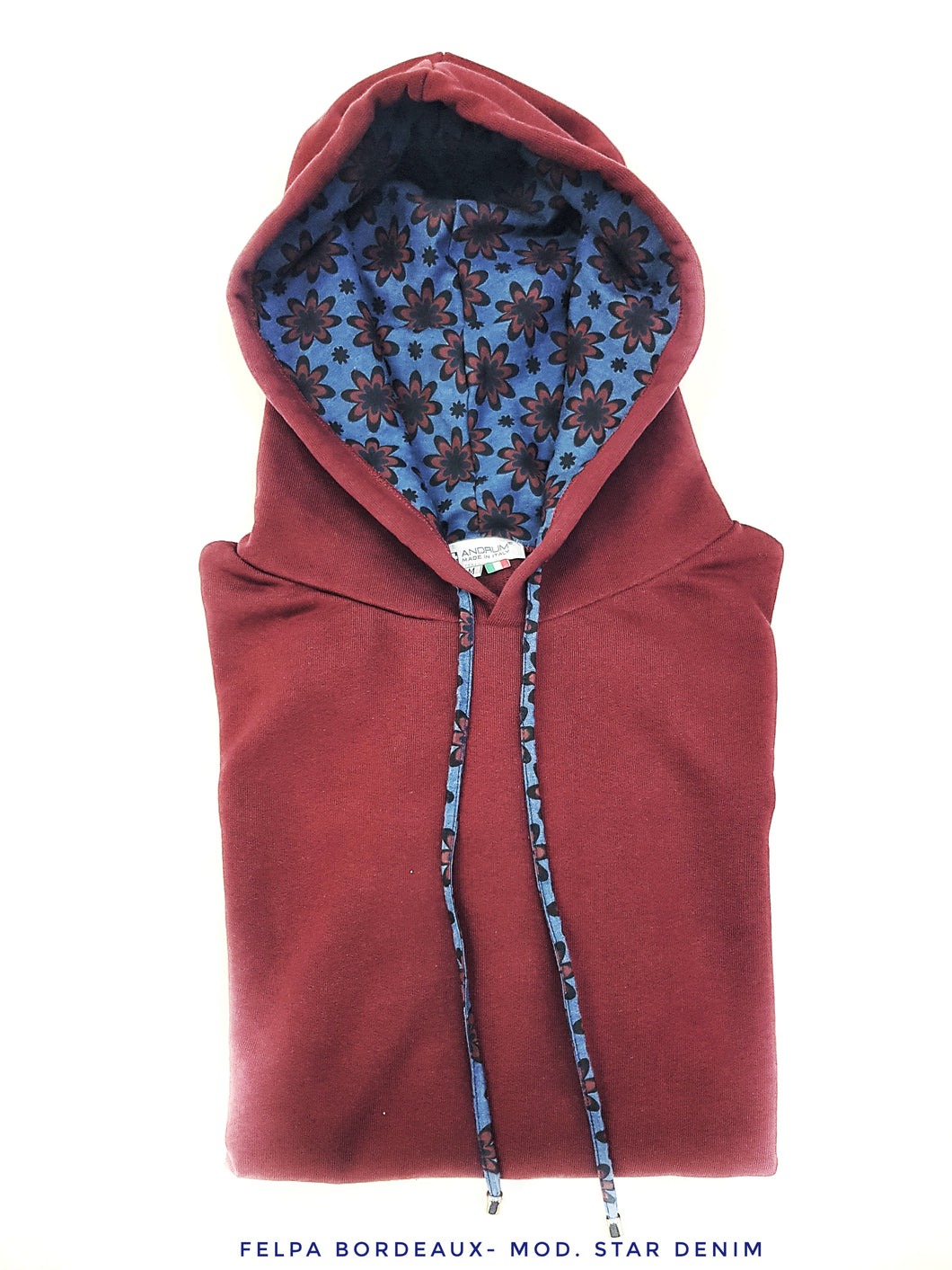 Felpa Bordeaux  con Cappuccio Design star denim made in Italy Fantasia 100% cotone -  Unisex Sweatshirt bordeaux Hoodie