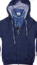 Load image into Gallery viewer, Felpa cardigan BLU con Cappuccio tessuto rigato bianco blu made in Italy Fantasia 100% cotone  Unisex Sweatshirt blue Hoodie
