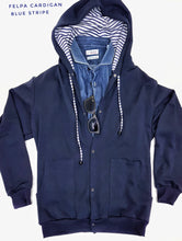 Load image into Gallery viewer, Felpa cardigan BLU con Cappuccio tessuto rigato bianco blu made in Italy Fantasia 100% cotone  Unisex Sweatshirt blue Hoodie
