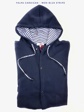 Load image into Gallery viewer, Felpa cardigan BLU con Cappuccio tessuto rigato bianco blu made in Italy Fantasia 100% cotone  Unisex Sweatshirt blue Hoodie
