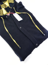 Load image into Gallery viewer, Felpa cardigan nera con Cappuccio check a quadri giallo nero puro cotone made in Italy Fantasia 100% cotone Unisex Sweatshirt blue Hoodie
