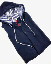 Load image into Gallery viewer, Felpa cardigan BLU con Cappuccio tessuto rigato bianco blu made in Italy Fantasia 100% cotone  Unisex Sweatshirt blue Hoodie
