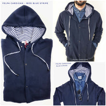 Load image into Gallery viewer, Felpa cardigan BLU con Cappuccio tessuto rigato bianco blu made in Italy Fantasia 100% cotone  Unisex Sweatshirt blue Hoodie

