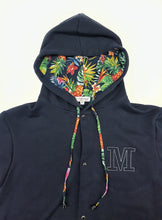 Load image into Gallery viewer, Felpa cardigan BLU con Cappuccio interno tessuto hawaii made in Italy Fantasia 100% cotone  Unisex Sweatshirt blue Hoodie

