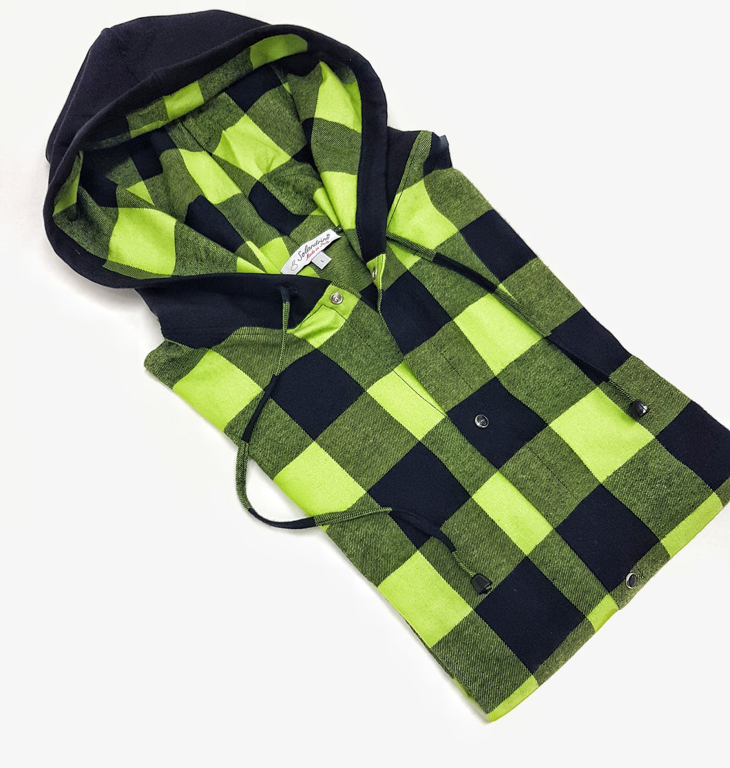 Camicia felpa a quadri con cappuccio verde nera scozzese  vaiella made in italy