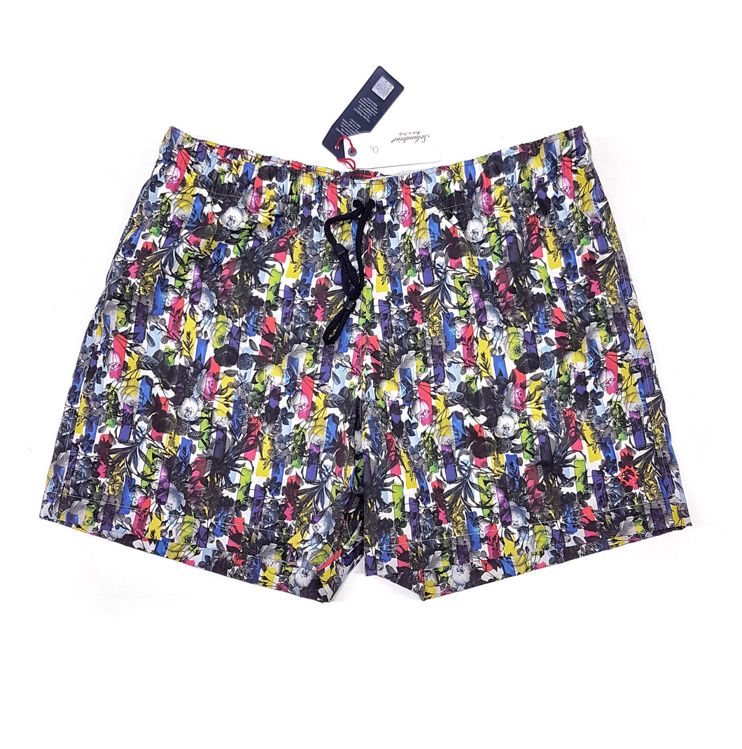 Costume da Bagno slip interno  in 100% cotone Fantasia multicolor pop art 2 tasche laterali Uomo Boxer mare Made in Italy