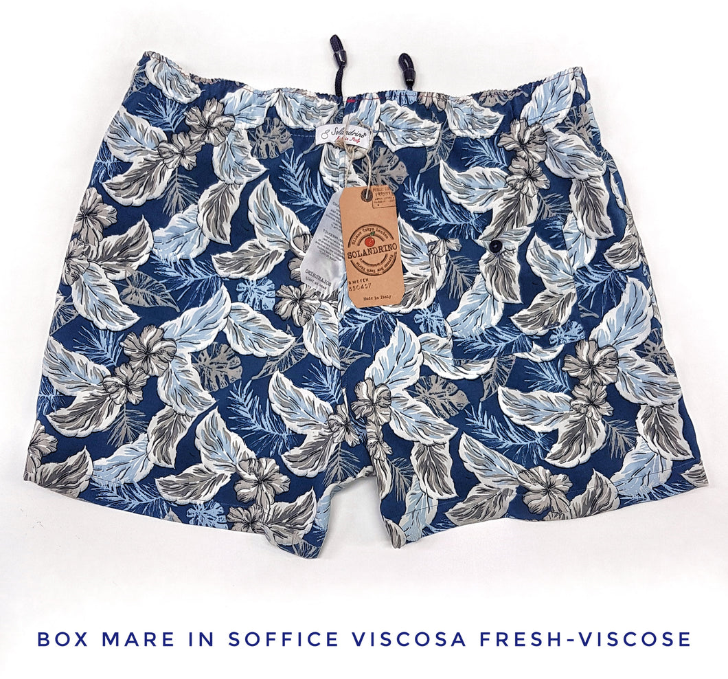 Costume da Bagno slip interno Boxer mare Uomo in Morbidissima Viscosa Fantasia Hawaii floreale blu 2 tasche laterali  Made in Italy