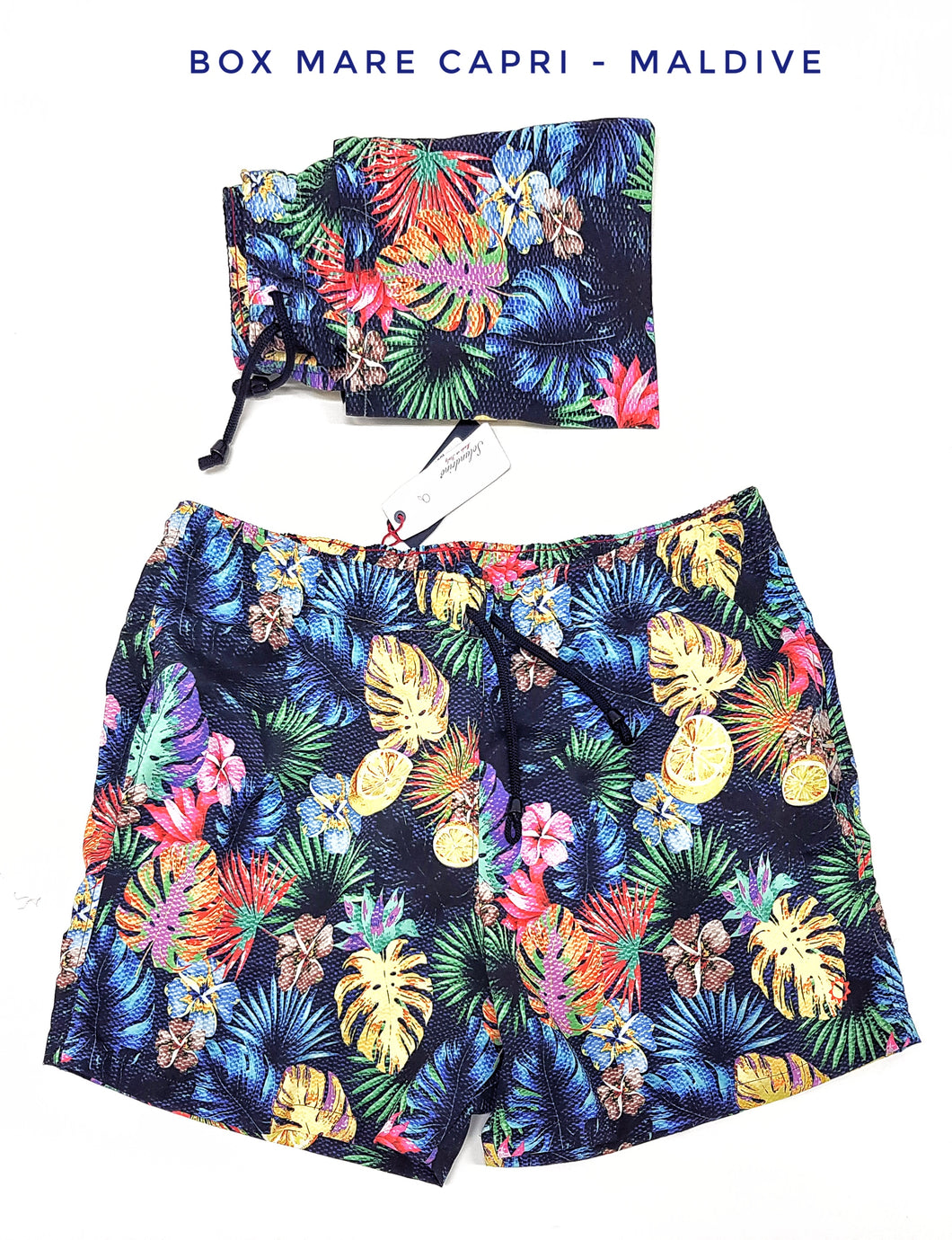 Costume da Bagno Hawaiano morbido tessuto slip interno  asciugatura rapida Boxer mare uomo fantasia Maldive con 2 tasche laterali Made in Italy