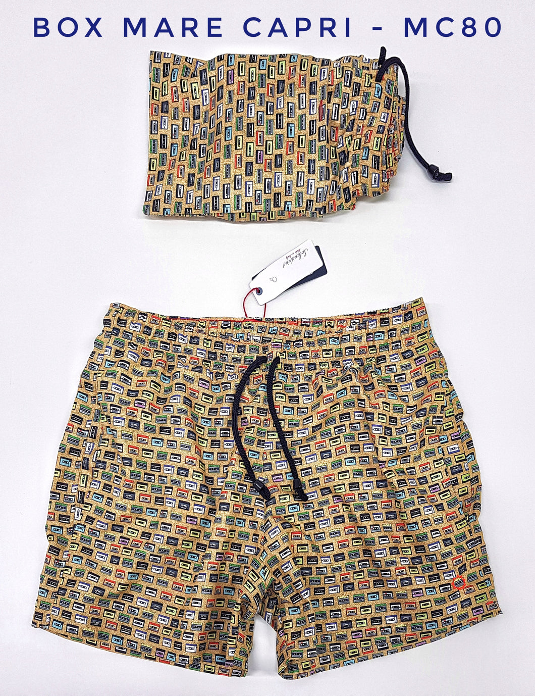 Costume da Bagno in morbido tessuto slip interno asciugatura rapida Boxer mare Uomo fantasia Musicassetta yellow con 2 tasche laterali Made in Italy
